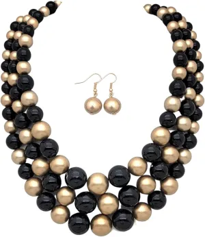 Women's Faux Pearl Three Multi-Strand Statement Necklace and Earrings Set