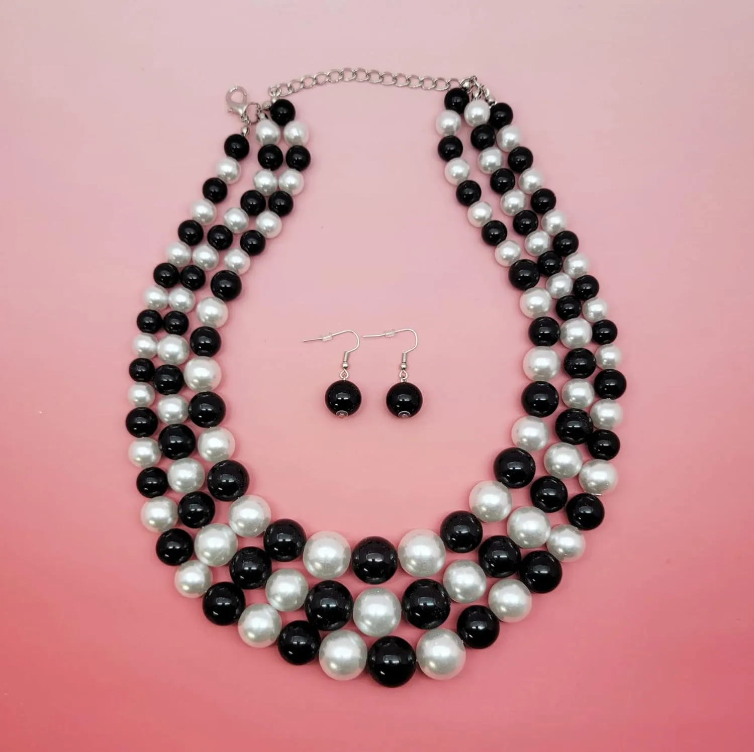 Women's Faux Pearl Three Multi-Strand Statement Necklace and Earrings Set