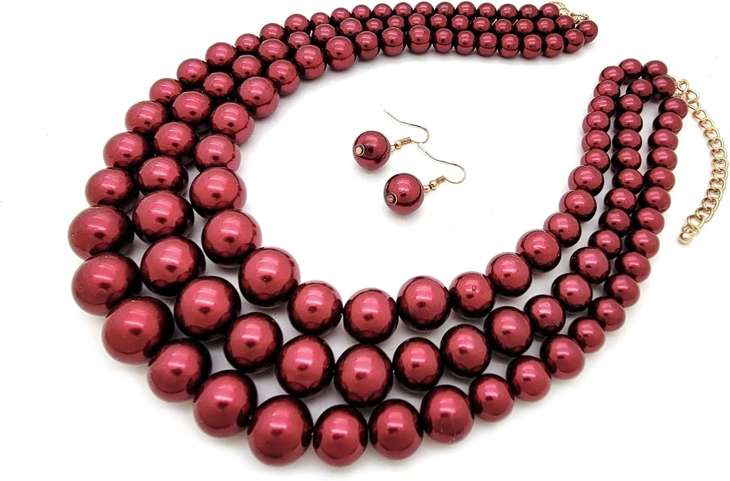 Women's Faux Pearl Three Multi-Strand Statement Necklace and Earrings Set
