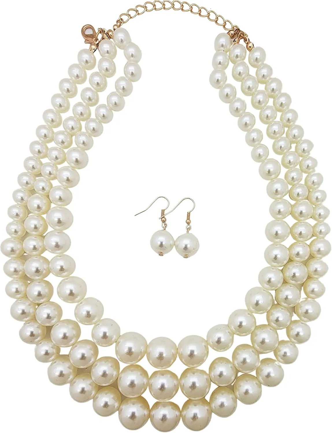 Women's Faux Pearl Three Multi-Strand Statement Necklace and Earrings Set