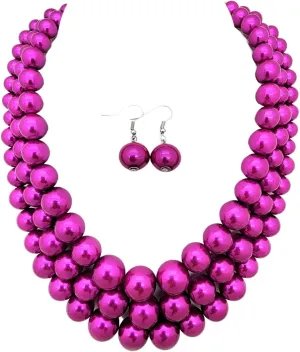 Women's Faux Pearl Three Multi-Strand Statement Necklace and Earrings Set