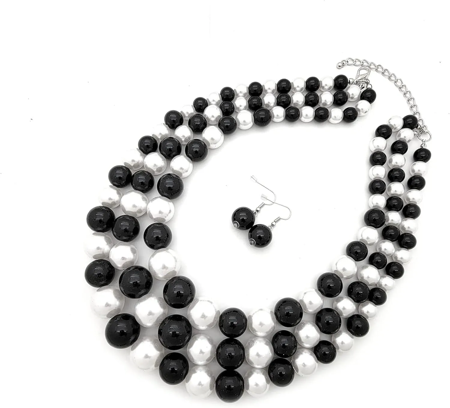 Women's Faux Pearl Three Multi-Strand Statement Necklace and Earrings Set