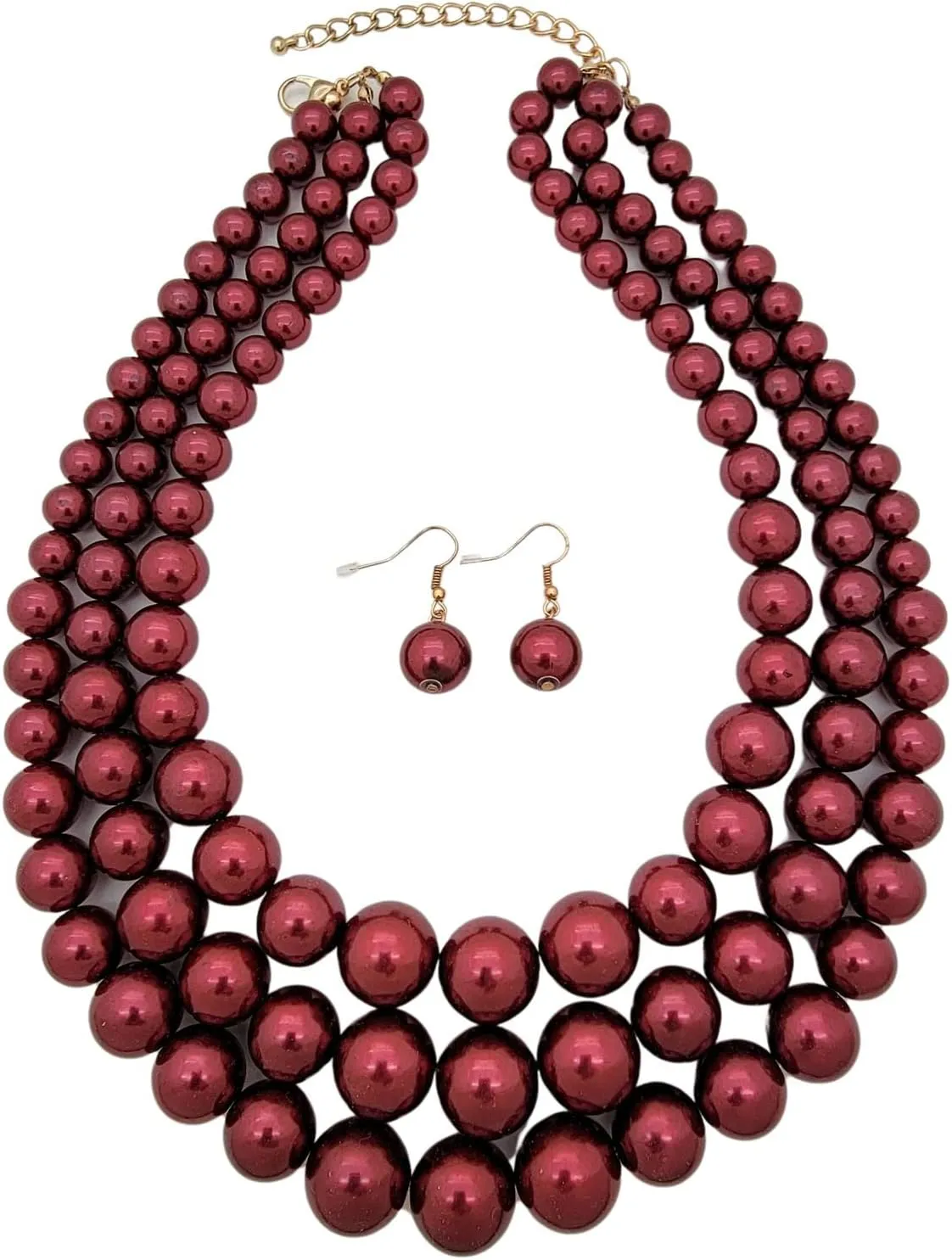 Women's Faux Pearl Three Multi-Strand Statement Necklace and Earrings Set