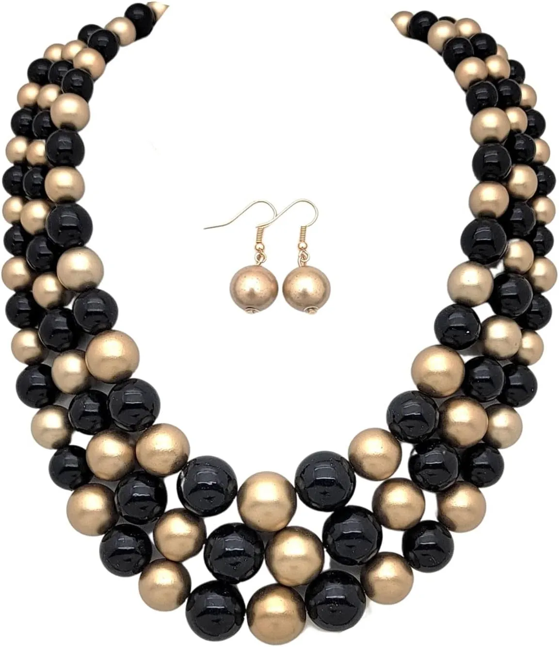 Women's Faux Pearl Three Multi-Strand Statement Necklace and Earrings Set