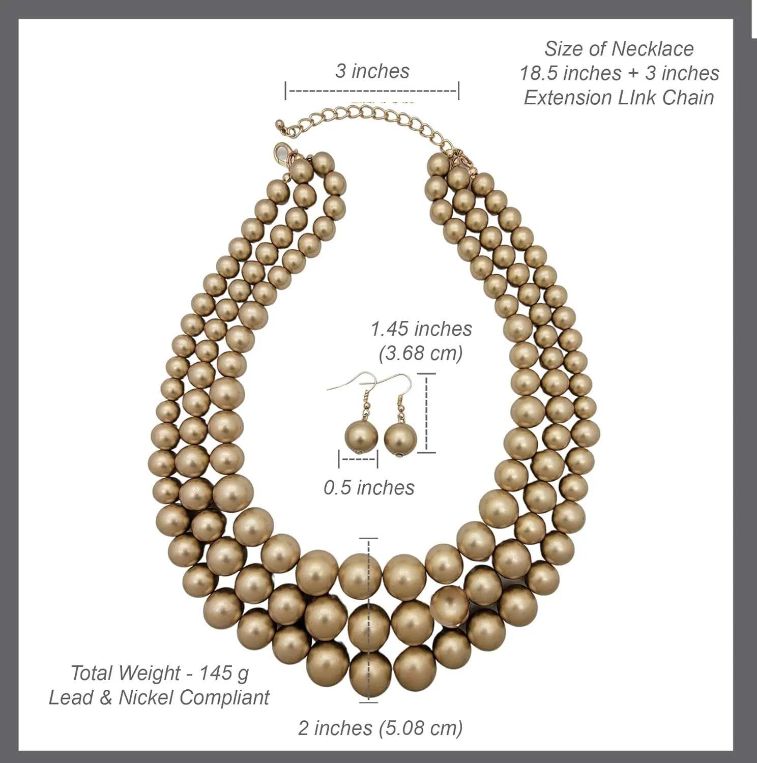 Women's Faux Pearl Three Multi-Strand Statement Necklace and Earrings Set