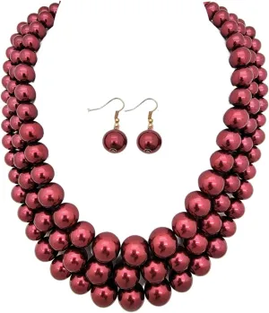 Women's Faux Pearl Three Multi-Strand Statement Necklace and Earrings Set