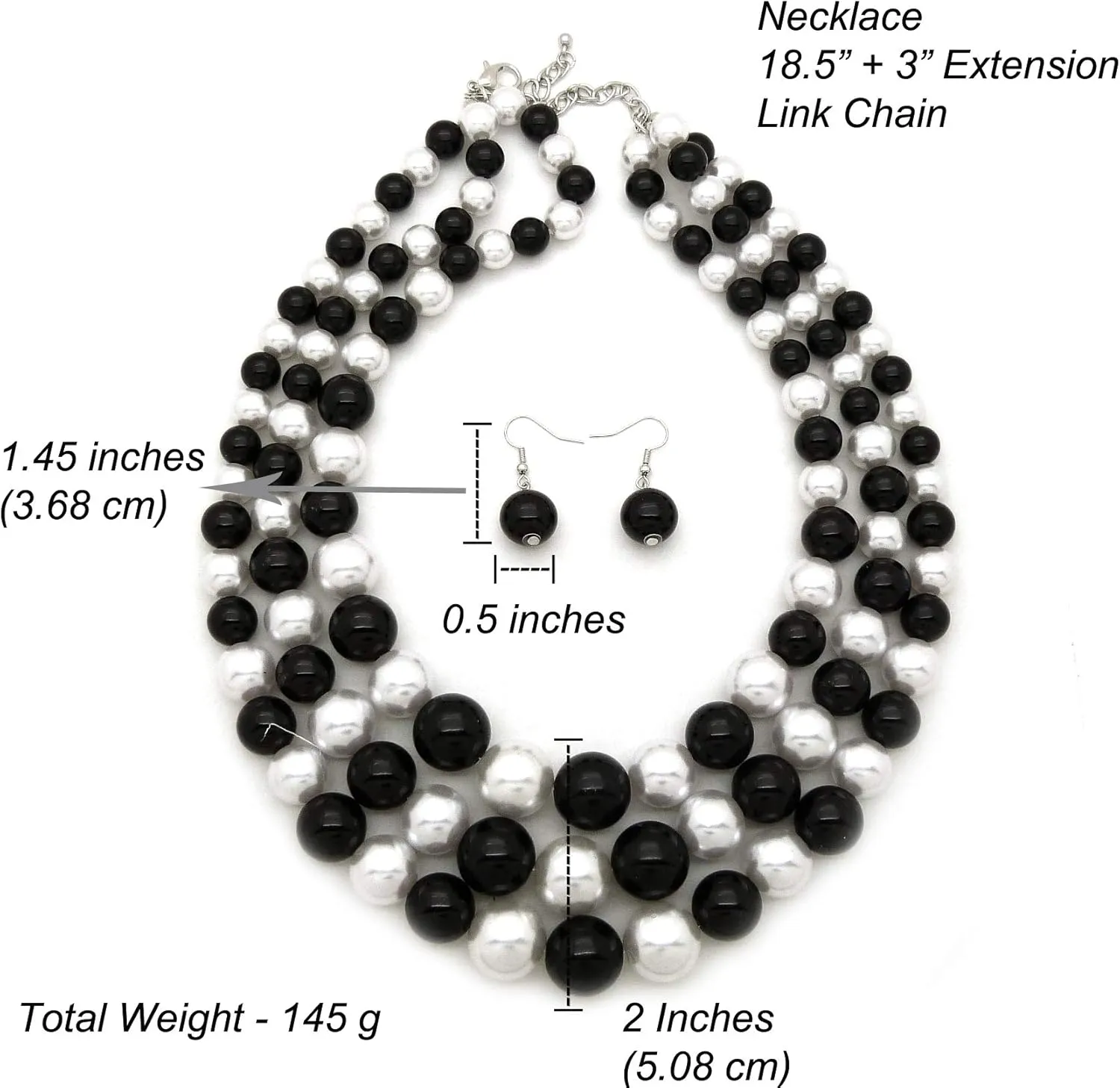 Women's Faux Pearl Three Multi-Strand Statement Necklace and Earrings Set