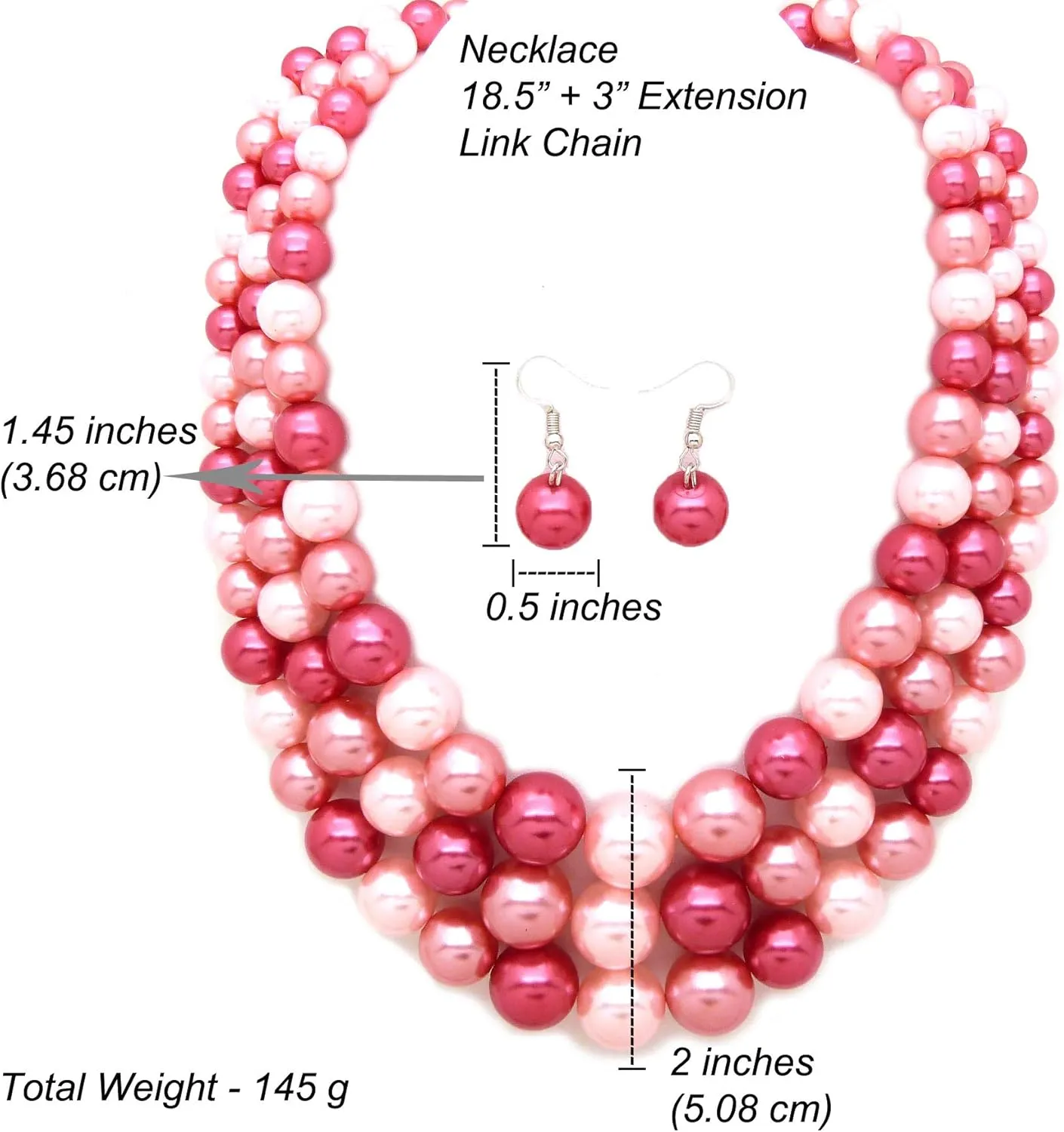 Women's Faux Pearl Three Multi-Strand Statement Necklace and Earrings Set