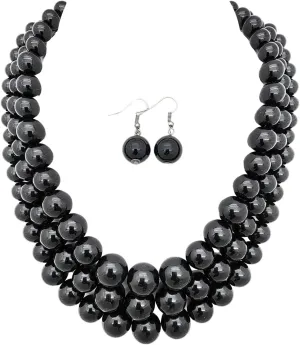 Women's Faux Pearl Three Multi-Strand Statement Necklace and Earrings Set