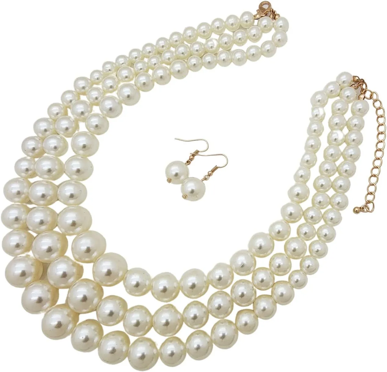 Women's Faux Pearl Three Multi-Strand Statement Necklace and Earrings Set