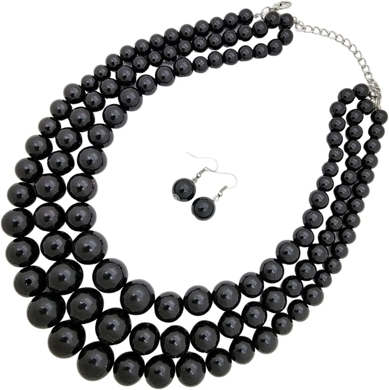 Women's Faux Pearl Three Multi-Strand Statement Necklace and Earrings Set