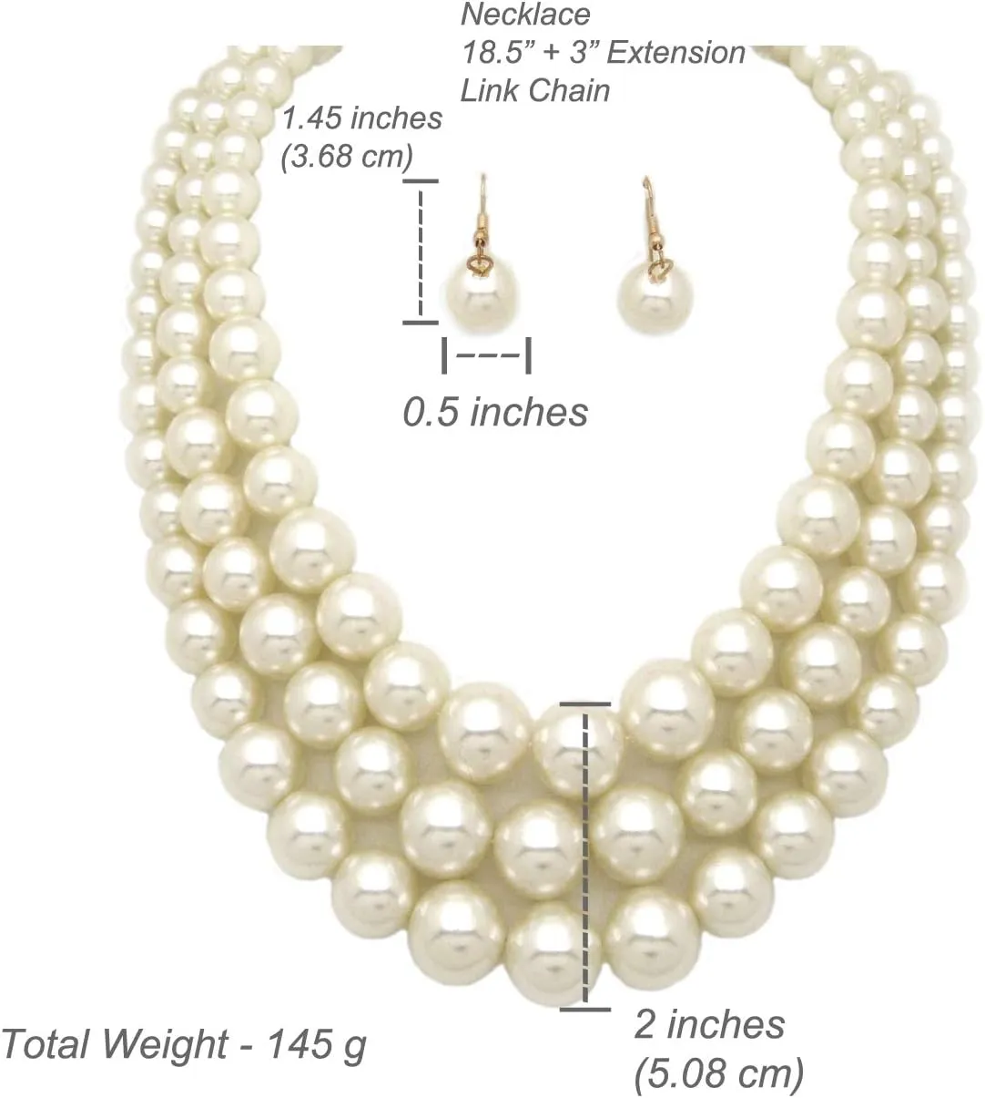 Women's Faux Pearl Three Multi-Strand Statement Necklace and Earrings Set