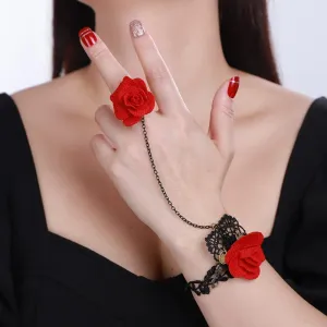 Xerling Red Rose Flower Finger Ring Bracelets Vintage Hand Chains Black Boho Victorian Costume Ribbon Bracelets Crystal Beads Tassel Hand Harness Bracelets for Women Girls (Type A)