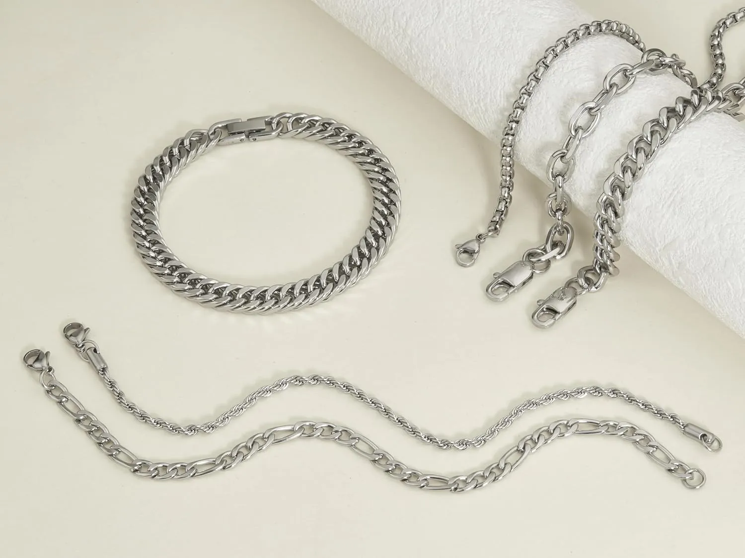 XIANNVXI 6 Pcs Stainless Steel Bracelets for Men Women Cuban Link Bracelet Rope Paperclip Chain Bracelets Set 7.5/8.3/9 Inches Mens Metal Bracelets