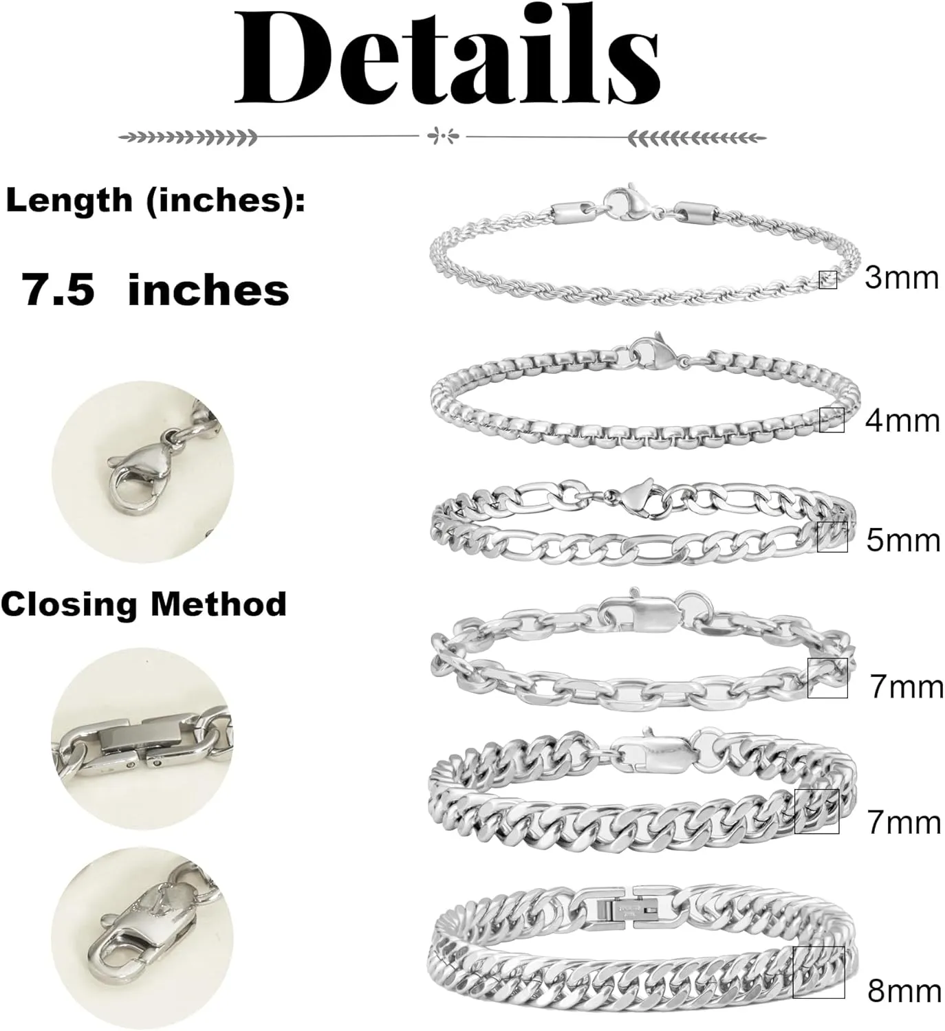 XIANNVXI 6 Pcs Stainless Steel Bracelets for Men Women Cuban Link Bracelet Rope Paperclip Chain Bracelets Set 7.5/8.3/9 Inches Mens Metal Bracelets