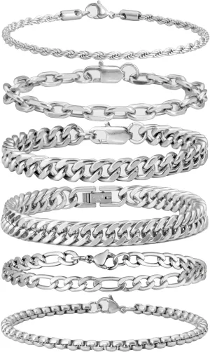 XIANNVXI 6 Pcs Stainless Steel Bracelets for Men Women Cuban Link Bracelet Rope Paperclip Chain Bracelets Set 7.5/8.3/9 Inches Mens Metal Bracelets