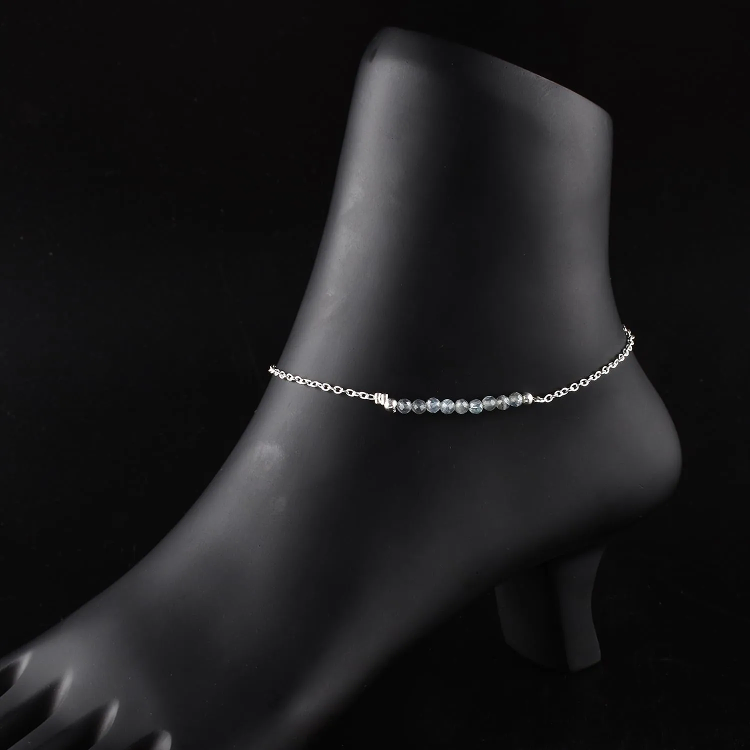 YANARA Labradorite Ankle Bracelet for Women Jewelry, Natural Birthstone Gemstone Beads, Handmade Dainty Anklets 9" 1.25" inch, Chakra Energy Crystals Silver Plated Chain Valentines Day Gifts For Her