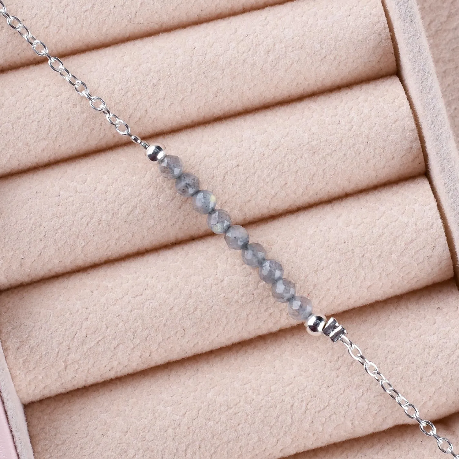 YANARA Labradorite Ankle Bracelet for Women Jewelry, Natural Birthstone Gemstone Beads, Handmade Dainty Anklets 9" 1.25" inch, Chakra Energy Crystals Silver Plated Chain Valentines Day Gifts For Her