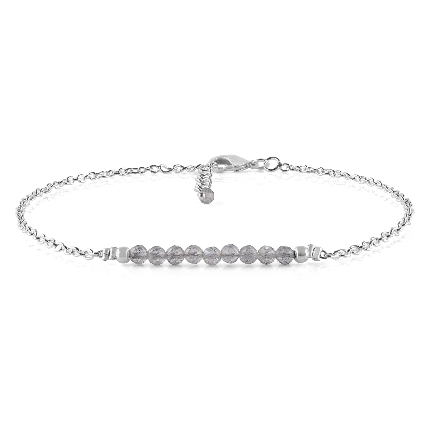 YANARA Labradorite Ankle Bracelet for Women Jewelry, Natural Birthstone Gemstone Beads, Handmade Dainty Anklets 9" 1.25" inch, Chakra Energy Crystals Silver Plated Chain Valentines Day Gifts For Her