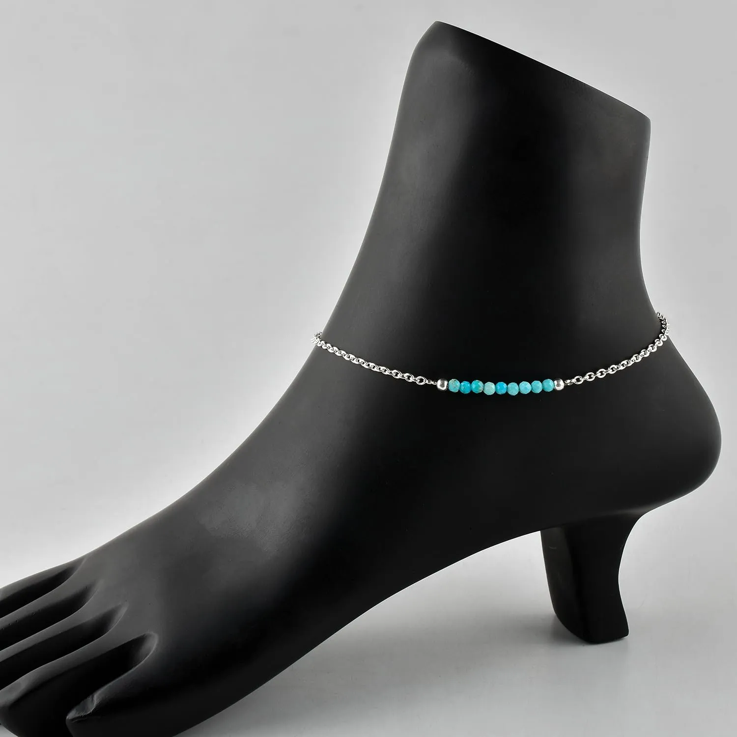 YANARA Turquoise Ankle Bracelet for Women Jewelry, Natural Birthstone, Gemstone Beads, Handmade Dainty Anklet 9" 1.25" inch, 3mm Rounds, Chakra Energy Crystals, Silver Plated Chain