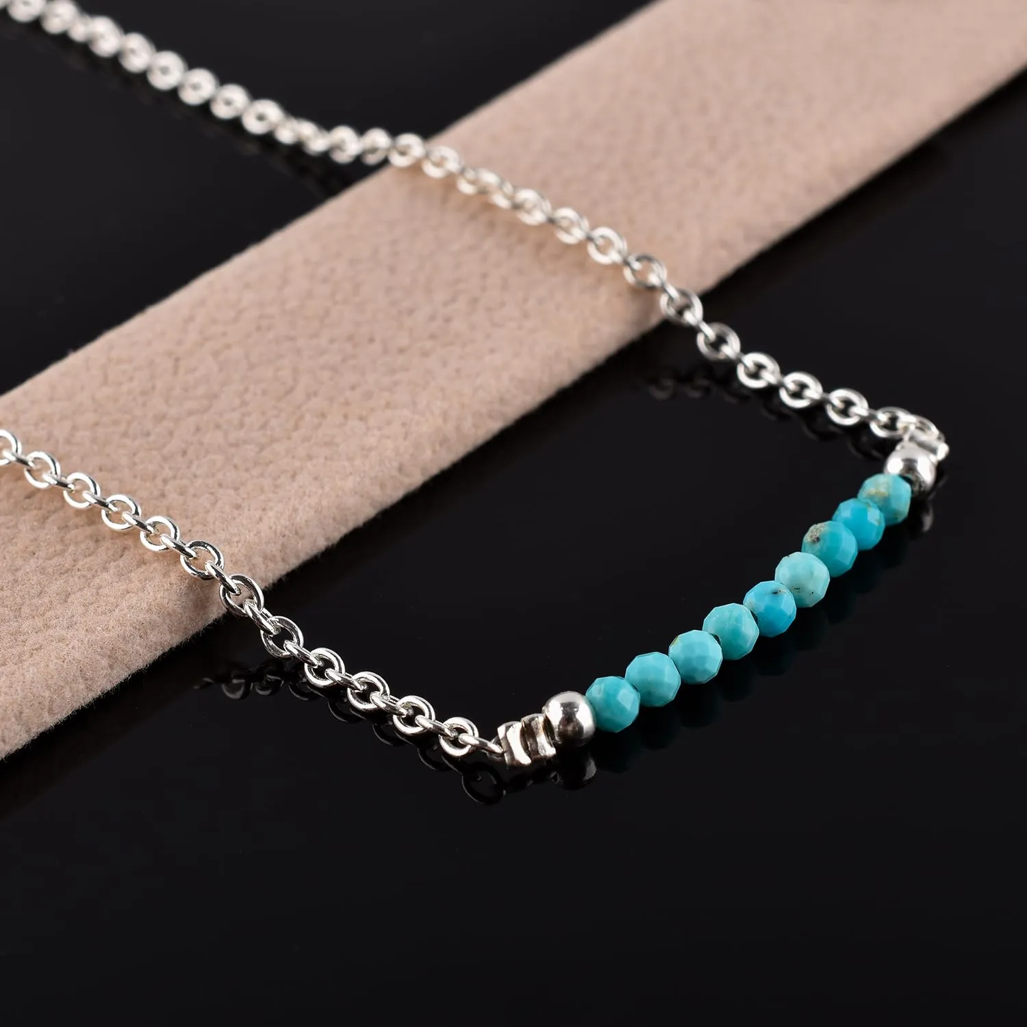 YANARA Turquoise Ankle Bracelet for Women Jewelry, Natural Birthstone, Gemstone Beads, Handmade Dainty Anklet 9" 1.25" inch, 3mm Rounds, Chakra Energy Crystals, Silver Plated Chain