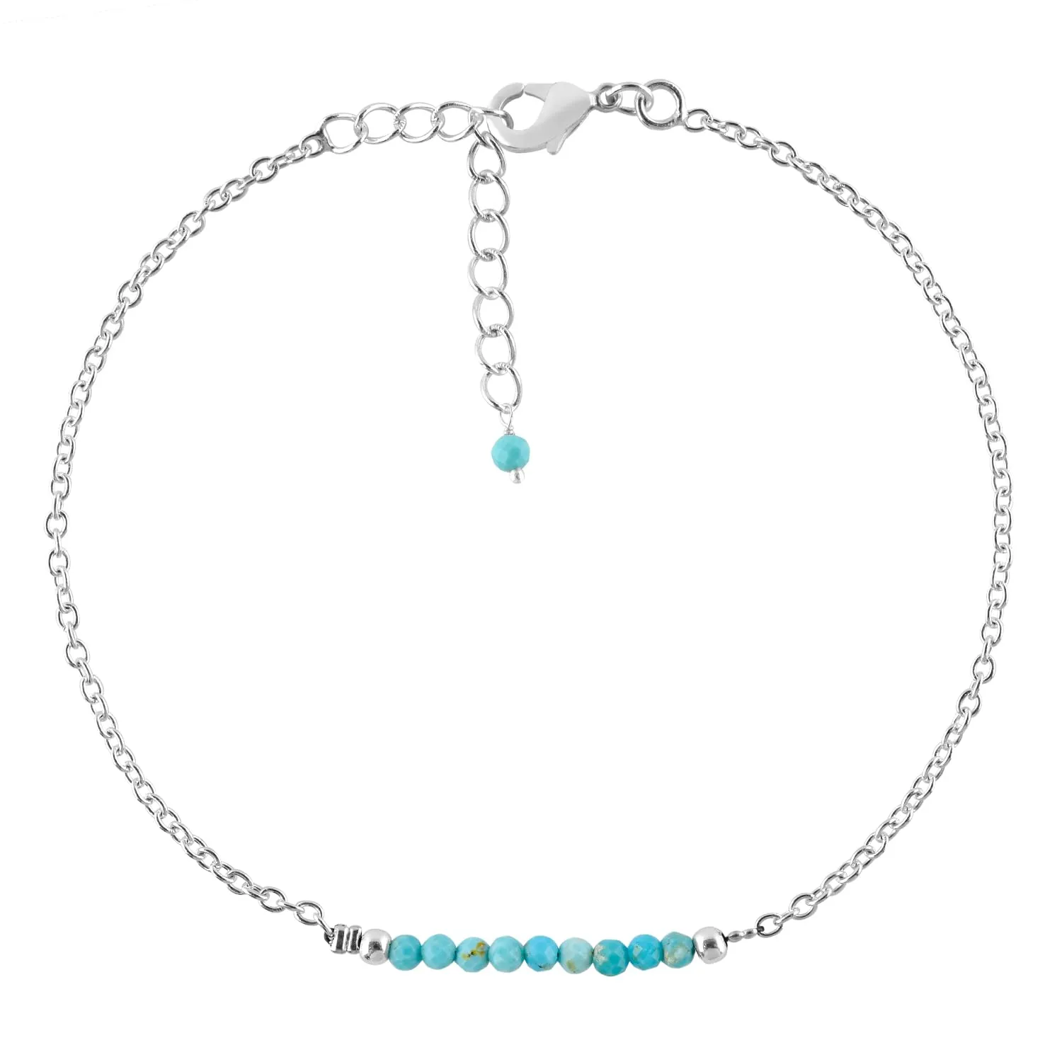 YANARA Turquoise Ankle Bracelet for Women Jewelry, Natural Birthstone, Gemstone Beads, Handmade Dainty Anklet 9" 1.25" inch, 3mm Rounds, Chakra Energy Crystals, Silver Plated Chain