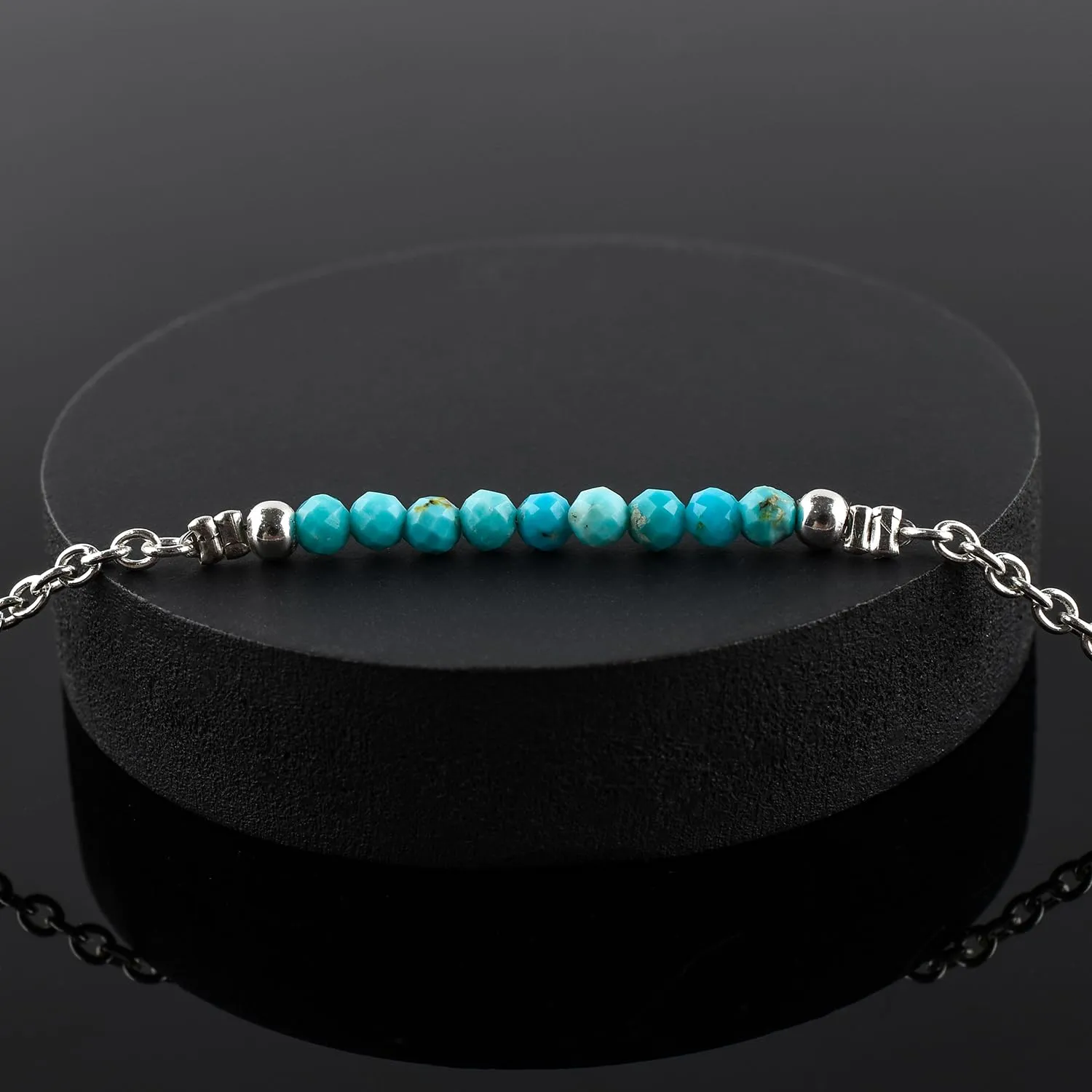 YANARA Turquoise Ankle Bracelet for Women Jewelry, Natural Birthstone, Gemstone Beads, Handmade Dainty Anklet 9" 1.25" inch, 3mm Rounds, Chakra Energy Crystals, Silver Plated Chain