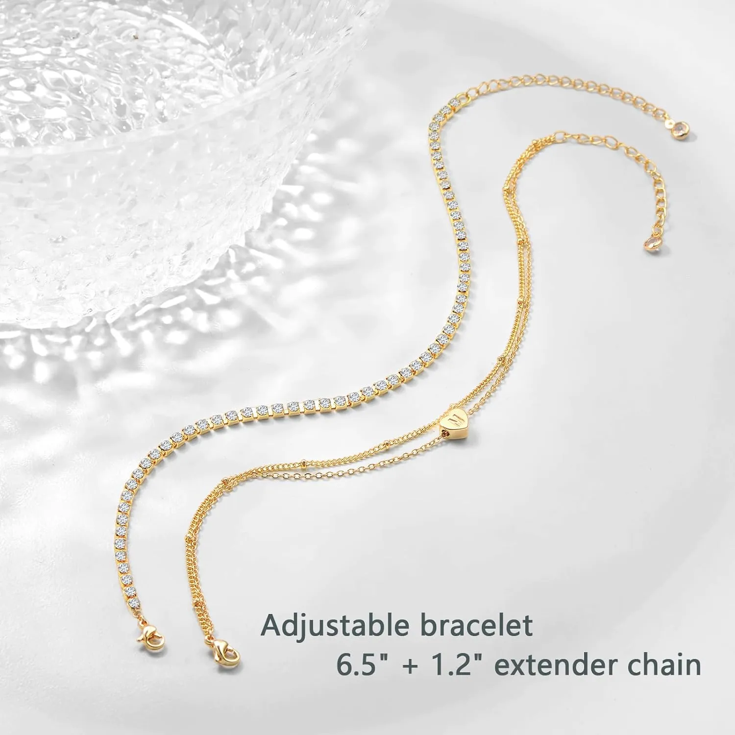 YANODA Gold Initial Bracelets for Women, 14K Gold Plated Bracelet Sets Trendy Gold Bracelet Stack Dainty Heart Letter Initial Bracelets Adjustable Tennis Bracelets Personalized Jewelry for Women