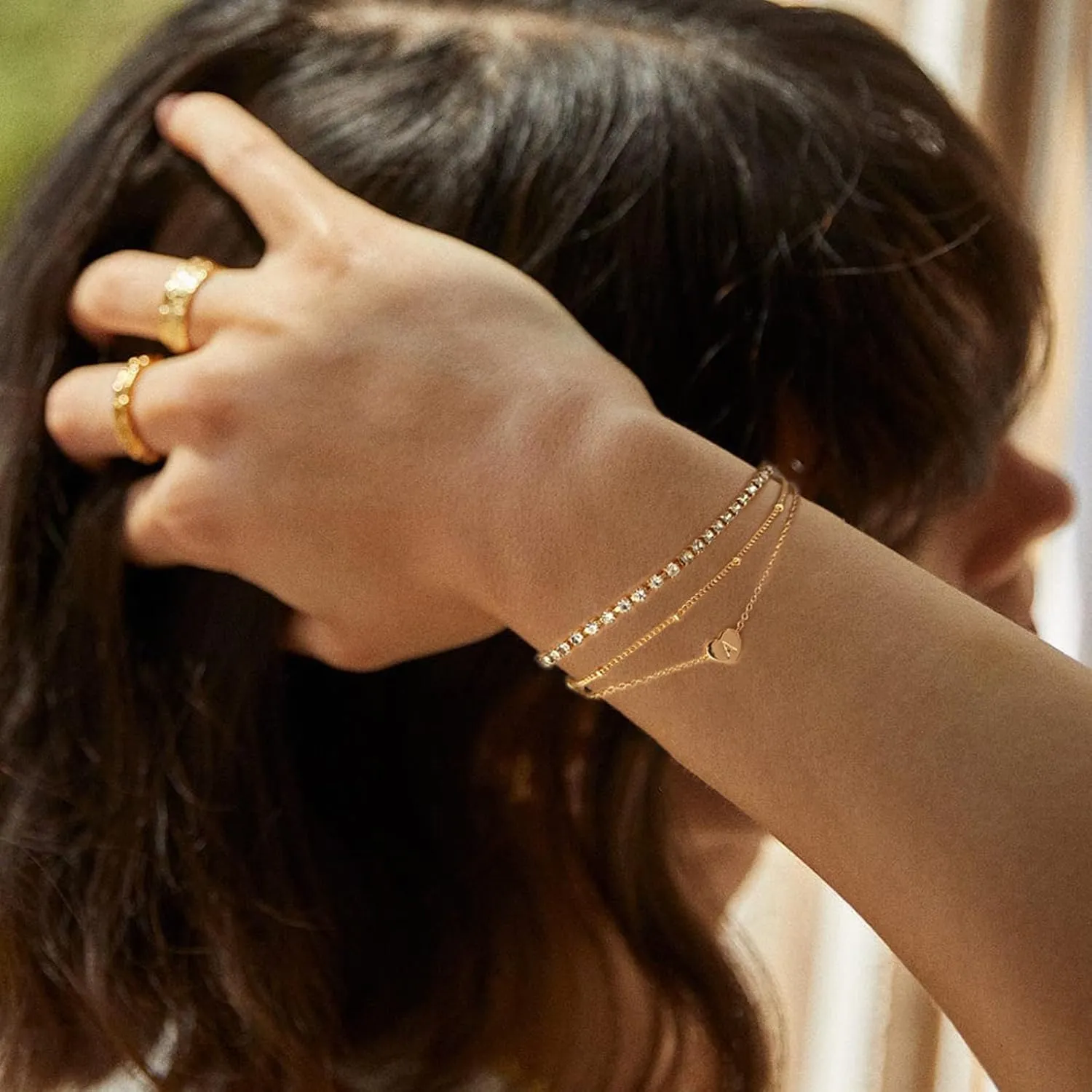 YANODA Gold Initial Bracelets for Women, 14K Gold Plated Bracelet Sets Trendy Gold Bracelet Stack Dainty Heart Letter Initial Bracelets Adjustable Tennis Bracelets Personalized Jewelry for Women