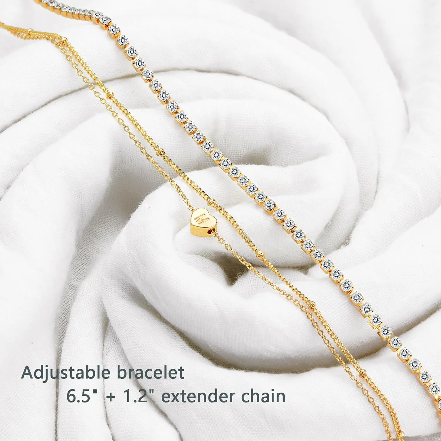 YANODA Gold Initial Bracelets for Women, 14K Gold Plated Bracelet Sets Trendy Gold Bracelet Stack Dainty Heart Letter Initial Bracelets Adjustable Tennis Bracelets Personalized Jewelry for Women