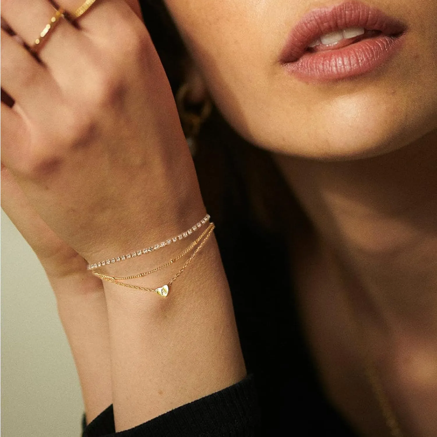 YANODA Gold Initial Bracelets for Women, 14K Gold Plated Bracelet Sets Trendy Gold Bracelet Stack Dainty Heart Letter Initial Bracelets Adjustable Tennis Bracelets Personalized Jewelry for Women