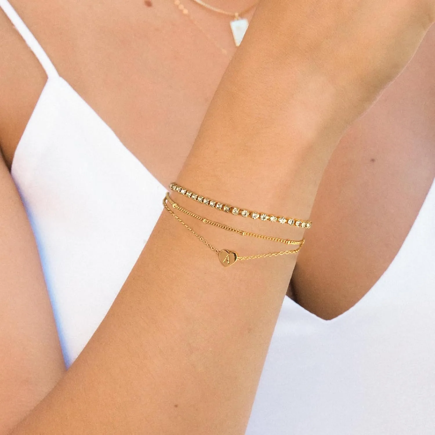 YANODA Gold Initial Bracelets for Women, 14K Gold Plated Bracelet Sets Trendy Gold Bracelet Stack Dainty Heart Letter Initial Bracelets Adjustable Tennis Bracelets Personalized Jewelry for Women
