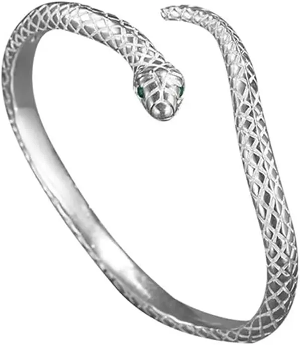 Yeahgoshopping Sterling Silver Snake Bangle Bracelet with Green Eyes, 925 Silver Women's Fashion Jewelry Charm for Birthday Party Gift - One Size Fits Most