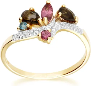 Yellow Gold 9K Pink Tourmaline, Smoky Quartz, Swiss Blue Topaz, And Diamond Accent Ring Contemporary Design for Women October Birthstone Anniversary
