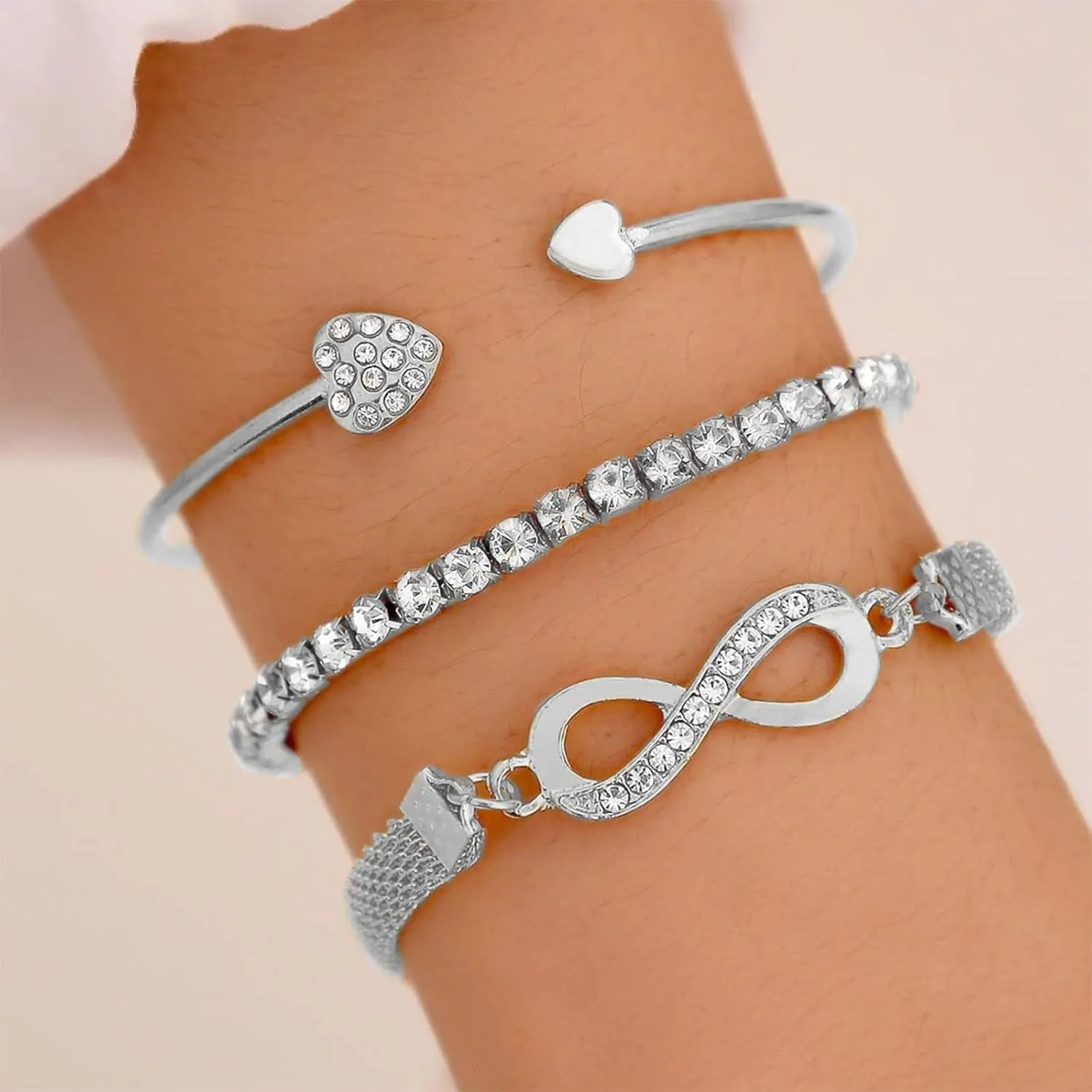 YienDoo Boho Crystal Bangle Bracelets Set Statement Infinity Friendship Bangles Punk Layered Stacking Heart Rhinestone Bracelets Ethnic Wedding Outfit Bracelets Jewelry for Women and Girls3Pcs