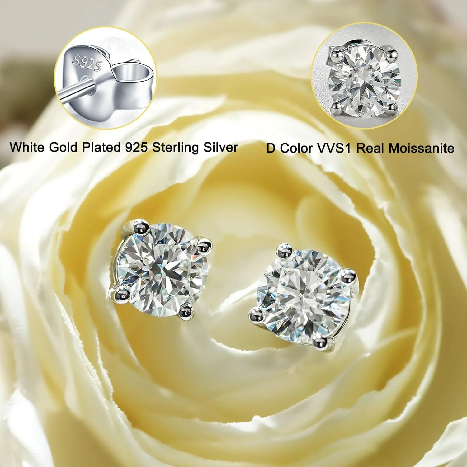 YODEWA 1/2/3ct Moissanite Stud Earrings for Women 925 Sterling Silver Hypoallergenic Flat Back 1 Pair DEF Color Lab Created Brilliant Round Moissanite Earrings