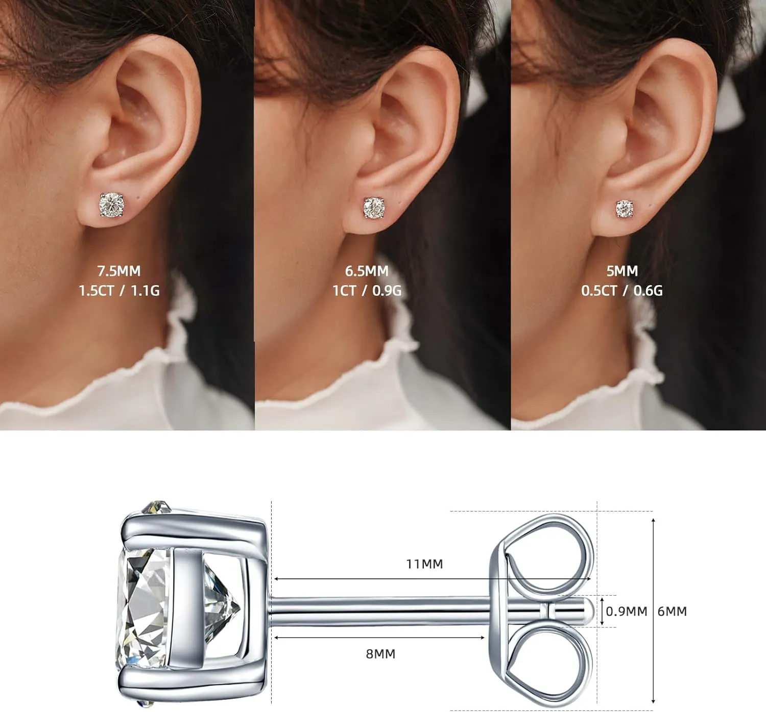 YODEWA 1/2/3ct Moissanite Stud Earrings for Women 925 Sterling Silver Hypoallergenic Flat Back 1 Pair DEF Color Lab Created Brilliant Round Moissanite Earrings