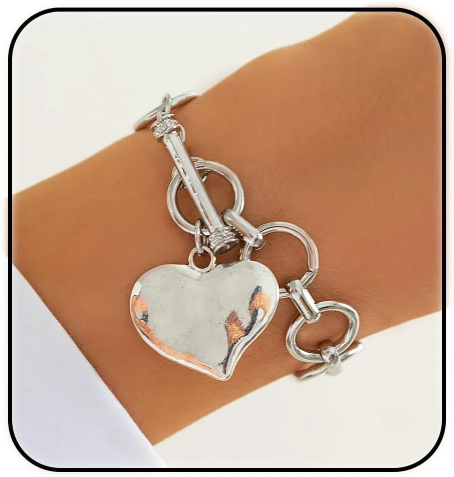 ZMANYIJEW Chunky Cross Bracelet Chain for Women Gold Silver BraceletsGold Cross Heart Toggle Statement Chain Bangle Jewelry